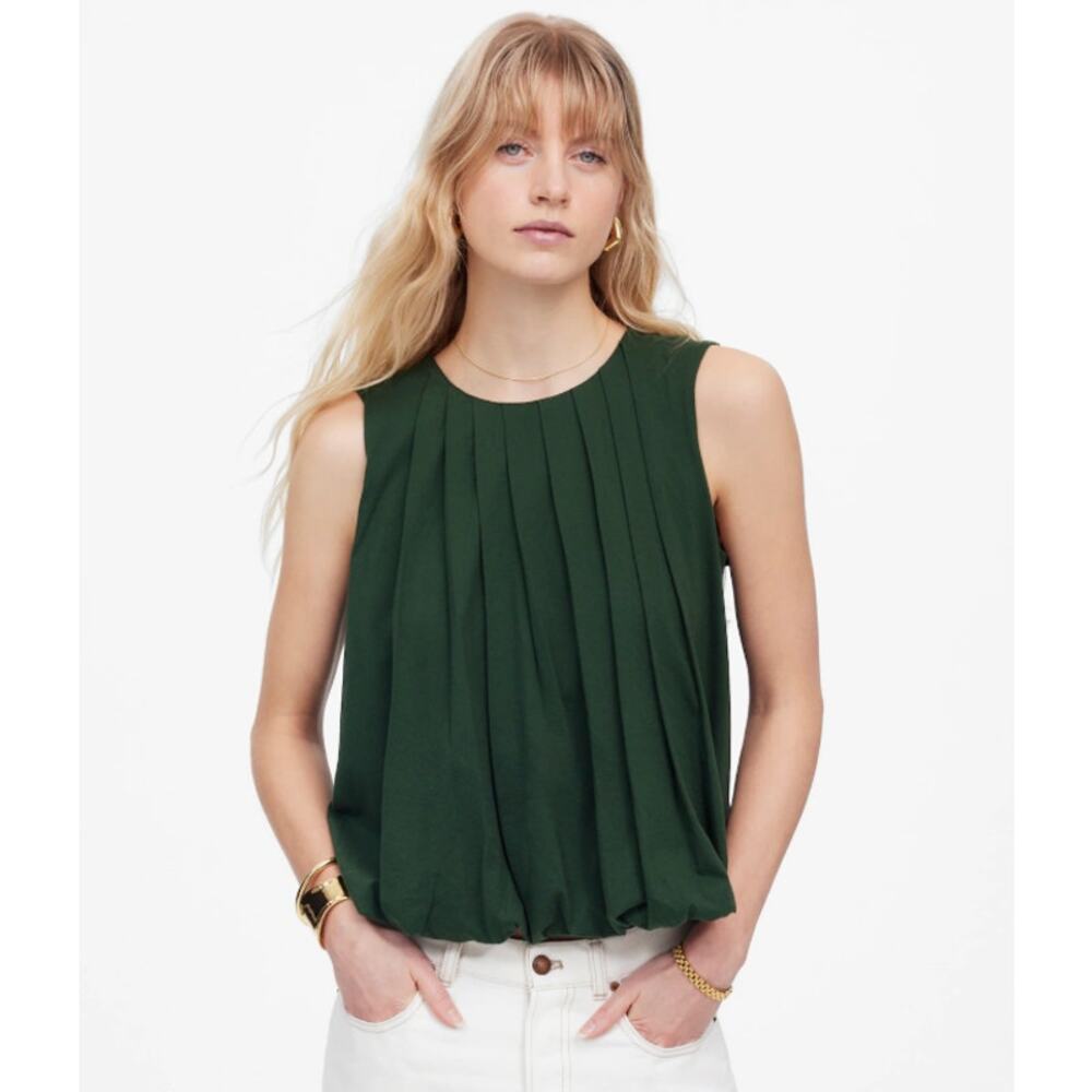 Madewell Sleeveless Crewneck Bubble Top XS Summit Green Pullover Stretch Cotton